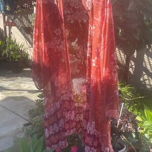 Sheer Floral Kimono Duster in Burnt Coral